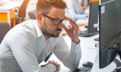 Man studies computer screen at desk.