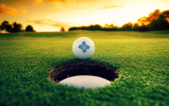 A golfball with the Schneck logo about to drop into the hole