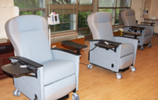 Three chemo treatment chairs are shown in the Schneck Cancer Center chemotherapy treatment room