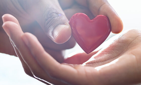 close up of someone's hand placing a small red heart to another's hand