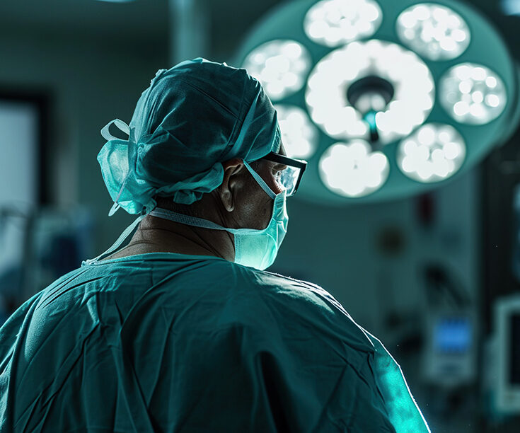 surgeon in darkened operating room from behind